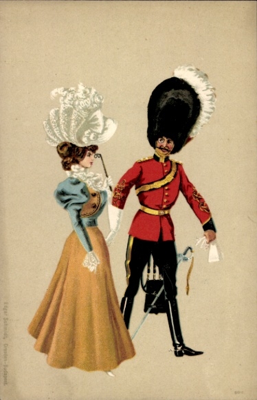 Postcard Elegant Woman with Cavalier, Soldier