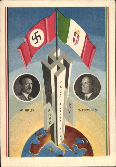 Ak Adolf Hitler, Benito Mussolini, Achse Berlin Rom, Weltkugel, Fahnen, Staatstreffen 1938