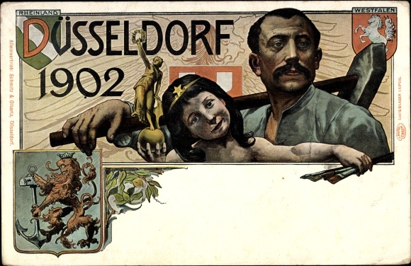 Coat of arms litho Düsseldorf am Rhein, industrial and commercial exhibition 1902, worker and child