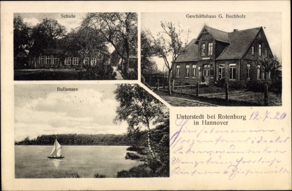 Postcard Unterstedt Rotenburg an der Wümme, school, commercial building G. Buchholz, Bullensee