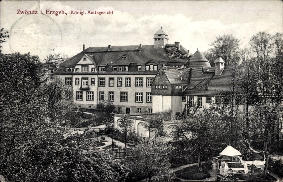 Postcard Zwönitz in the Ore Mountains Saxony, Royal District Court, garden, old architecture, historic...