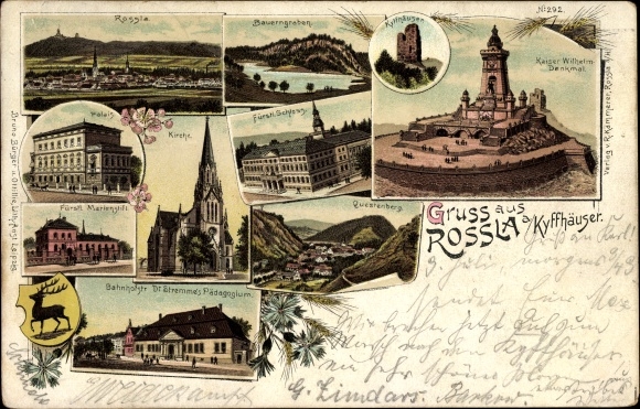 Chromo-Litho Roßla Südharz, palace, church, Marienstift, Bahnhofstrasse, castle, Dr. Stremmes pedagogy