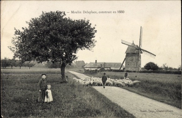 Ak Grez Seine-et-Marne, Moulin Delaplace, Windmühle, Schafherde mit Schäfer, Kinder, Baum