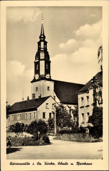 Postcard Bärenwalde Crinitzberg in Saxony, church, school and vicarage