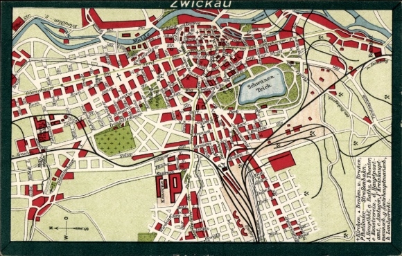 Mapa miasta KP Zwickau w Saksonii, Swan Pond, Mulde, Glauchauer Straße, Dworzec kolejowy