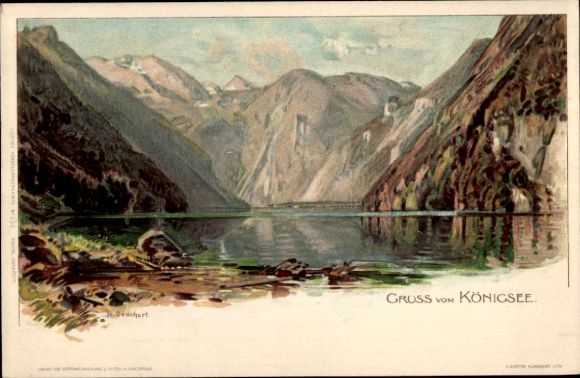 Artist Chromo-Litho Deuchert, Königsee Königssee Upper Bavaria, lake, mountains