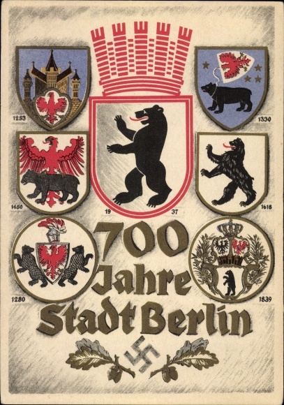 Wapen ansichtkaart Berlijn, 700e verjaardag, stadswapen van 1253 tot 1937, Berlijnse beer
