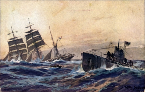 Artist PC Stöwer, Willy, French barque is sunk by a German U-boat in the Atlantic
