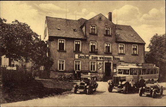 Ansichtkaart Claussnitz in Saksen, Gasthof zum Weißen Ross, bus