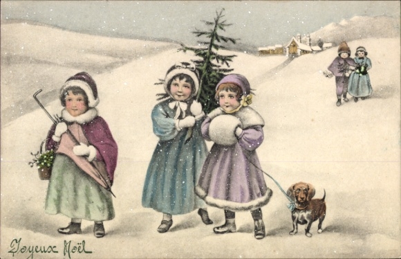 Postcard Congratulations Christmas, children, Christmas tree, dog