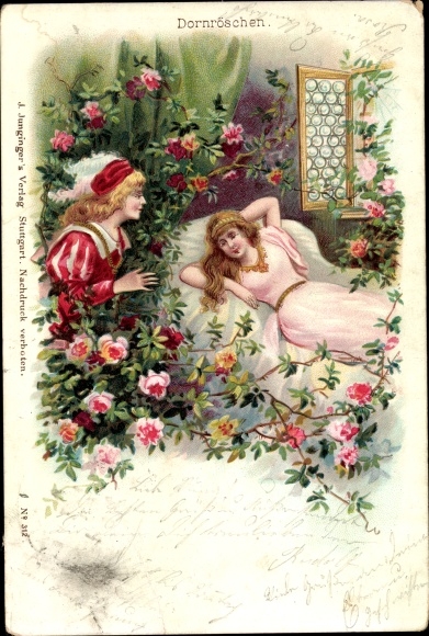 litho doornroosje, prins, bed, bloemen, sprookje