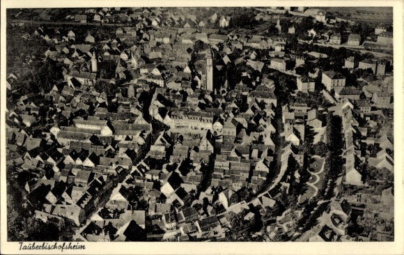 Postcard Tauberbischofsheim in Baden, aerial photograph, city view, many roofs, church, buildings