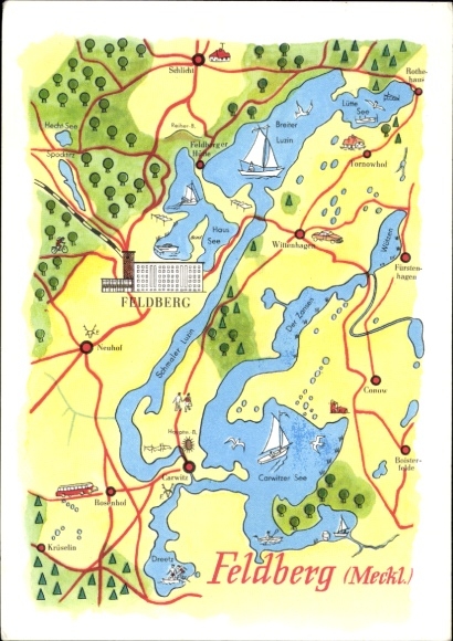 Feldbergkaart in Mecklenburg, kaart van Feldberg, merenlandschap, bezienswaardigheden, geografische...