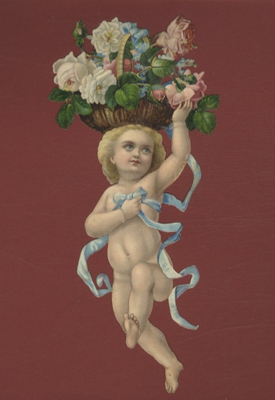 Oblate angel carrying flower basket on his head, approx. 20 x 9 cm