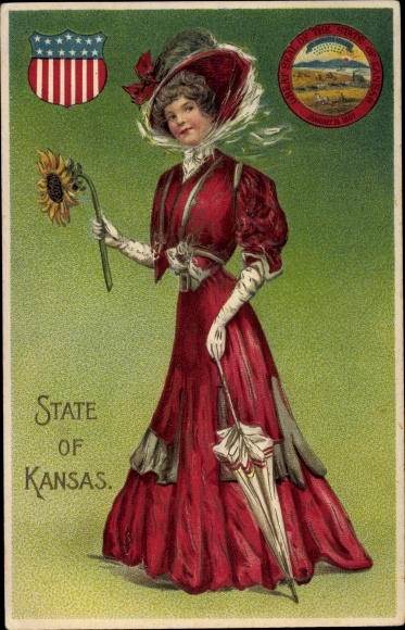 Emboss Wapenschild Ak State of Kansas, Vrouw met Zonnebloem