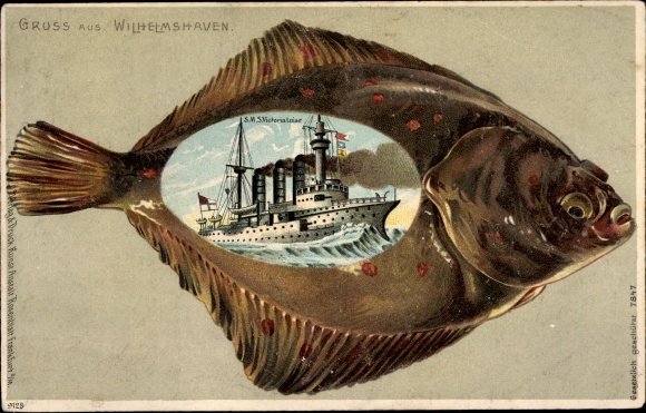 Mint Flounder Chromo-Litho Wilhelmshaven in Lower Saxony, German Warship, SMS Victoria Luise