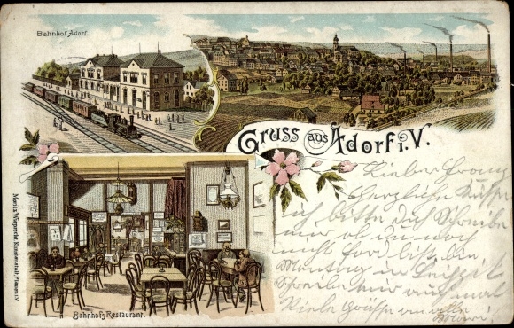 Litho Adorf im Vogtland, Bahnhof, Gleisseite, Totalansicht, Bahnhofs Restaurant, Innenansicht