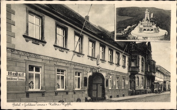 Ak Kelbra op Kyffhäuser Saksen Anhalt, Hotel Goldene Sonne, monument