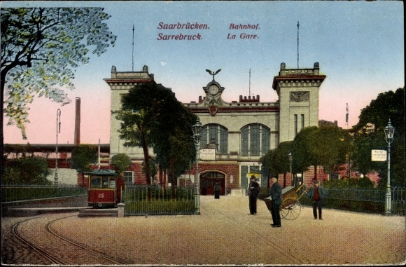 Postcard Saarbrücken im Saarland, train station, street side, tram 35