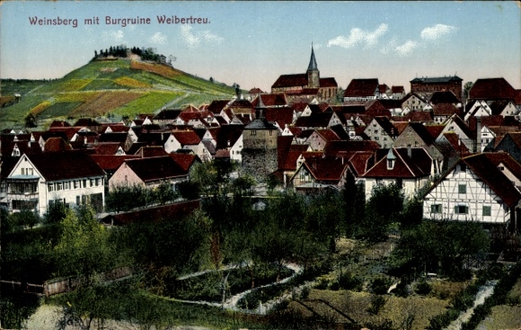 Ak Weinsberg in de wijk Heilbronn, algemeen beeld, kasteelruïne Weibertreu