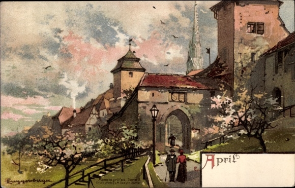 Artist PC Guggenberger, April, allegory, spring, city gate, walk