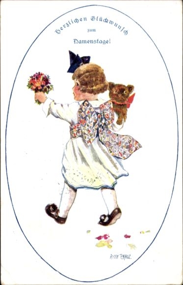 Artist Postcard Tekauz, A., Congratulations name day, girl, teddy, bouquet