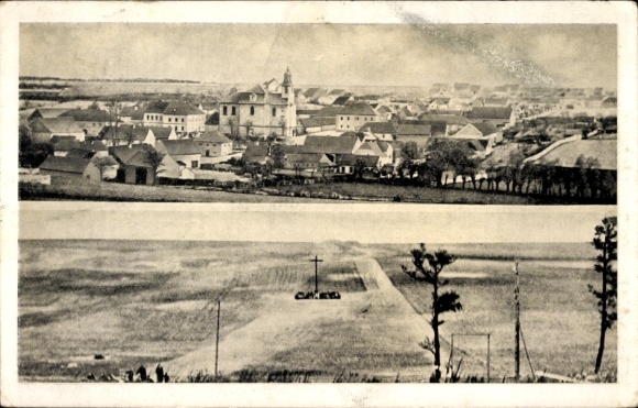 Ak Lidice Liditz Mittelböhmen, Stadtansicht vor und nach der Zerstörung 1942, II. WK