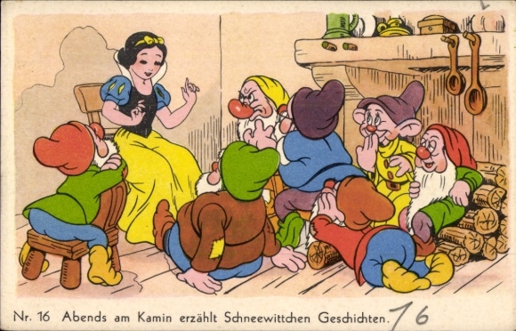 Postcard Walt Disney, Evening by the Fireplace Tells Snow White Stories