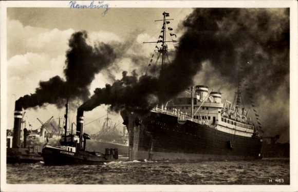 Postcard Hamburg, departure of the HAPAG express steamer St. Louis, tug Moorwärder