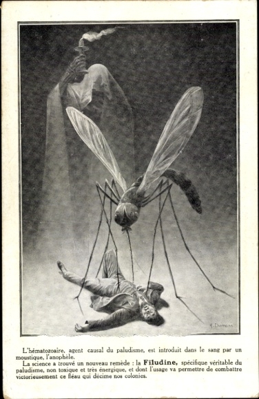 Artist Postcard Mücke attacks a man, advertising for Filudine