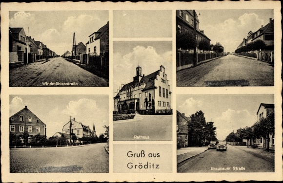 Ak Gröditz in Sachsen, Rathaus, Braunauer Straße, Horst Wessel Straße, Windmühlenstraße