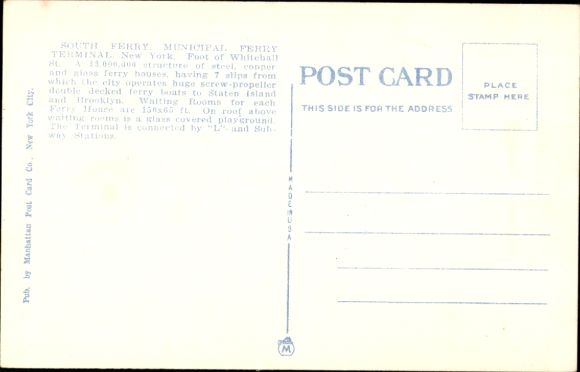 Postcard New York City, South Ferry, train station, general view