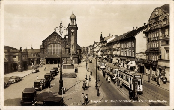 Ak Hagen in Westfalen, Hauptbahnhof, Adolf-Hitler-Straße, Straßenbahn