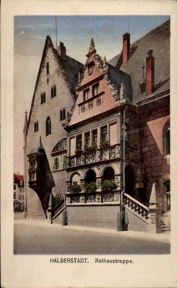 Postcard Halberstadt am Harz, town hall steps, historic building, staircase, flowers