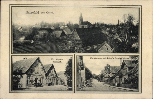 Postcard Harsefeld in the district of Stade, Marktstraße, Löhn's office building, Gasthof Fr. Meyer
