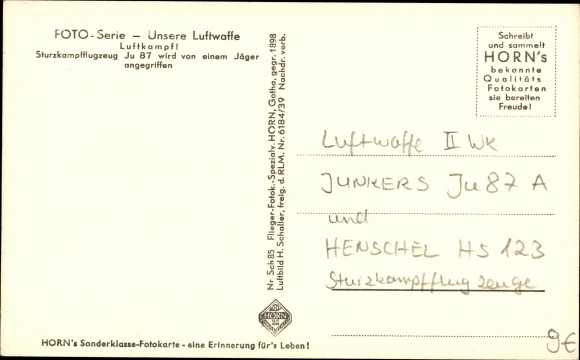 Postcard military aircraft Junkers Ju 87, Henschel Hs 123, Stukas, Luftwaffe