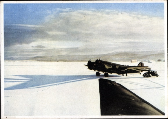 Postcard Junkers Ju 52 3/m transport aircraft on a wintry field airfield in Norway, Luftwaffe