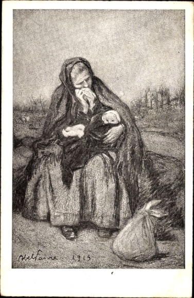 Artist Postcard Weeping Woman with Child 1915