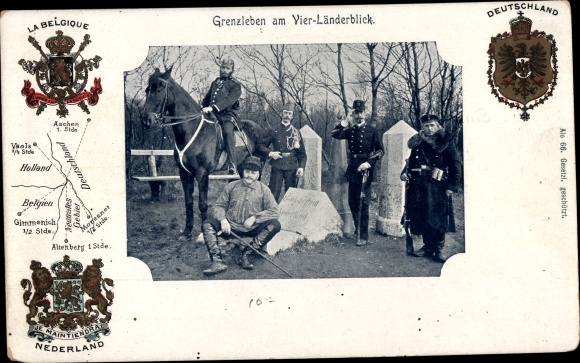 Coat of arms Postcard Grenzleben am Vierländerblick, border guards, Germany, Belgium, Holland