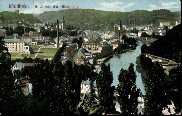 Postcard Waldheim in Saxony, view from the Alberthöhe, river landscape, industrial buildings