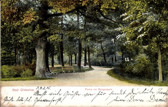 Postcard Bad Oldesloe in Holstein, park landscape, trees, circular path, bench, colored