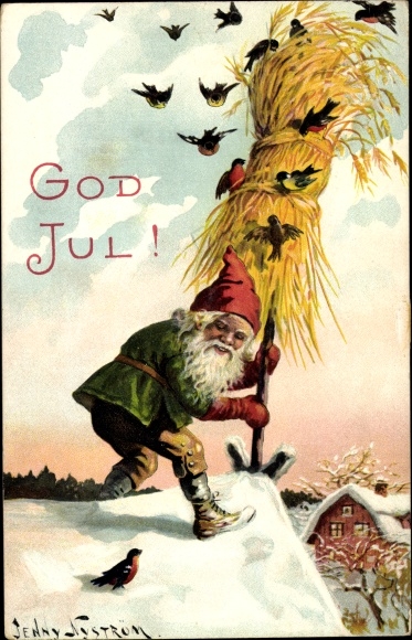 Artist PC Nyström, Jenny, congratulations Christmas, dwarf with bundle of grain on house roof, birds
