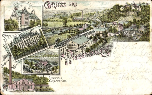 litho Wiesenburg Wildenfels Erzgebirge, landhuis, waterwerken, restauratie b.v. Muldenbrücke, treinstation
