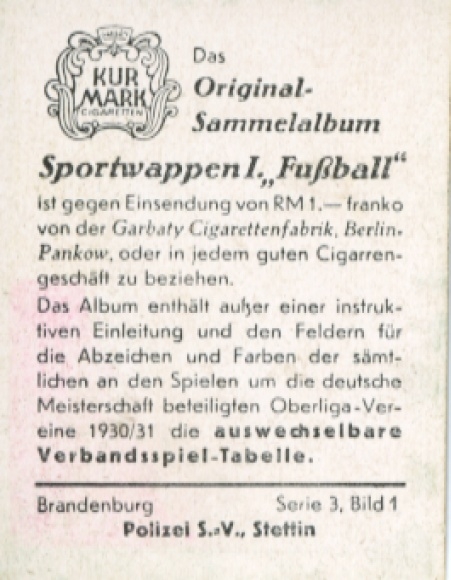 Collector's picture sports coat of arms, football, Brandenburg, police SV Stettin, picture no. 1