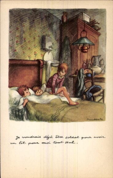 Kunstenaar Ak Poulbot, Kinderen in bed, voor het slapengaan
