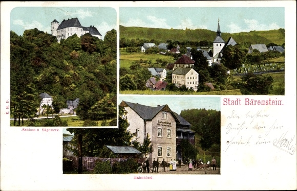 Postcard Bärenstein Altenberg in the Ore Mountains, castle and sawmill, railway hotel