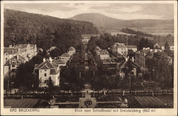Postcard Bad Brückenau in Lower Franconia, residential buildings, park, garden, forest, Dreistelzberg