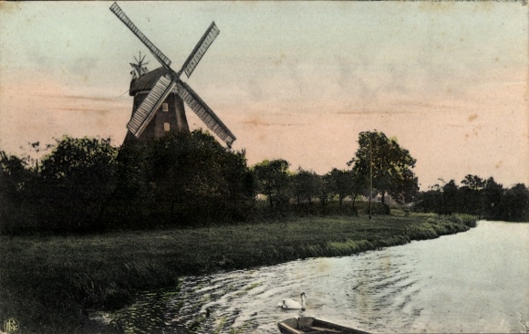 Postcard Windmill, River, Rowing Boat, Swan