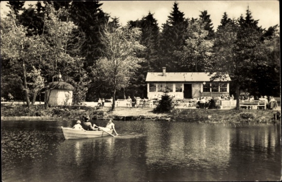 Postcard Frauenwald am Rennsteig Ilmenau in Thuringia, Kurgaststätte Lenkgrund, terrace, rowing boat