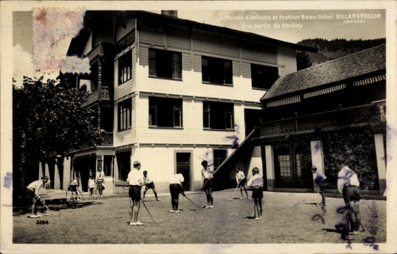 Postcard Villars sur Ollon Canton of Vaud, Maison d'enfants, Institut Beau Soleil, Hockey
